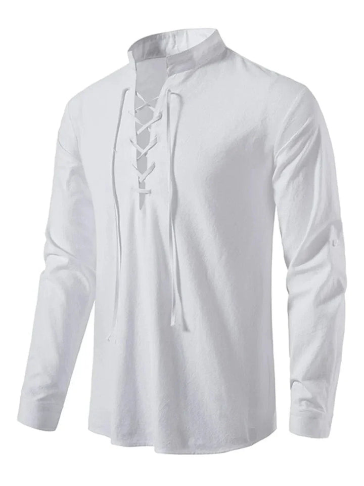 Lace-Up Long Sleeve Cotton Shirt for Men - White