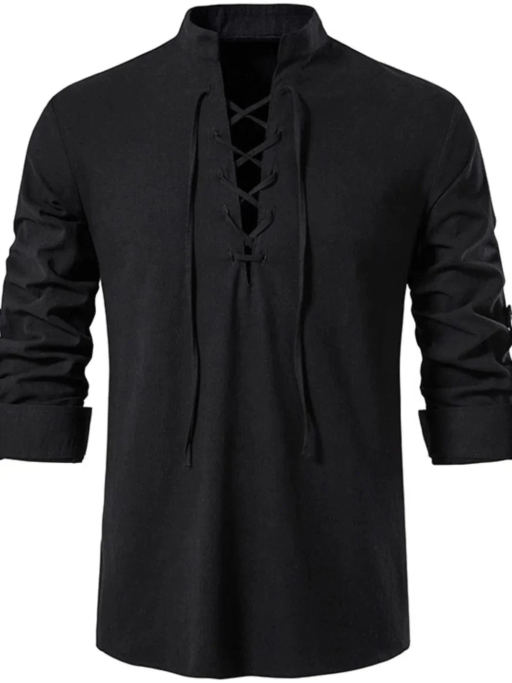 Lace-Up Long Sleeve Cotton Shirt for Men - gallery