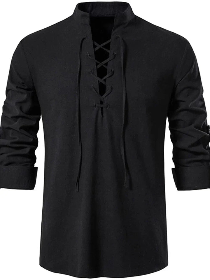 Lace-Up Long Sleeve Cotton Shirt for Men - gallery