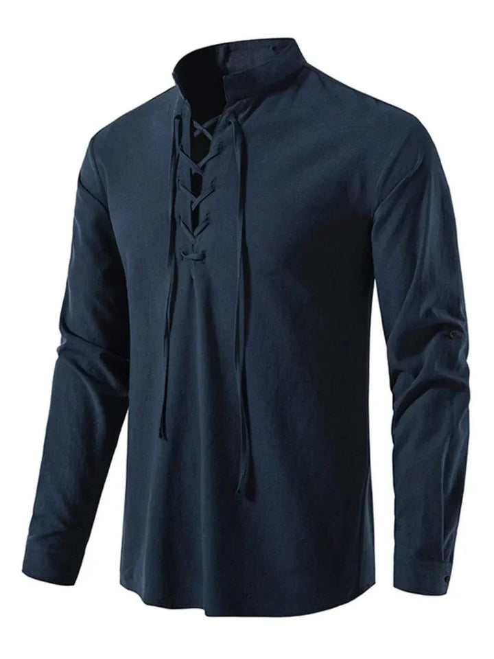 Lace-Up Long Sleeve Cotton Shirt for Men - Peacock  Blue