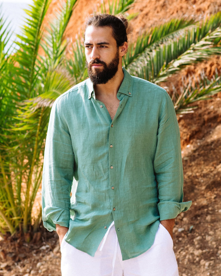 Nevada Linen Button-Down Shirt in Matcha Green for Men