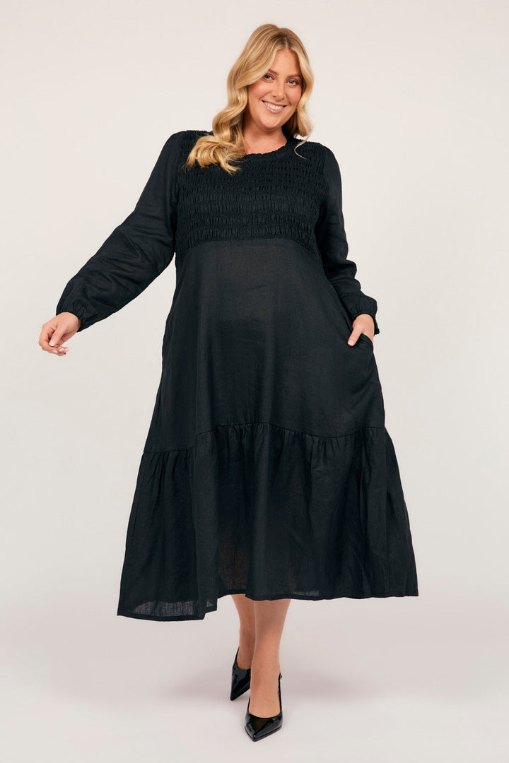 Minden Linen Long Sleeve Shirred Dress in Black — gallery