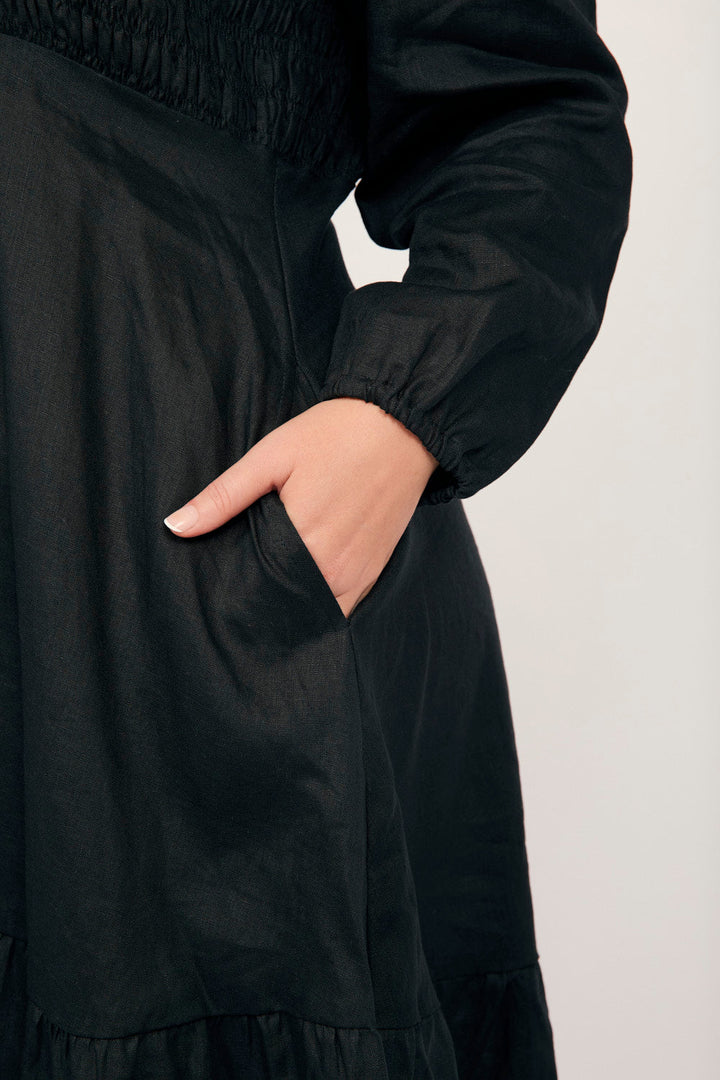 Minden Linen Long Sleeve Shirred Dress in Black — gallery