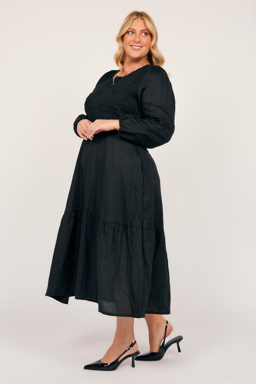 Minden Linen Long Sleeve Shirred Dress in Black — gallery