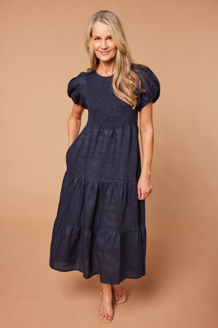 Minden Linen Shirred Short Sleeve Dress in Navy — gallery