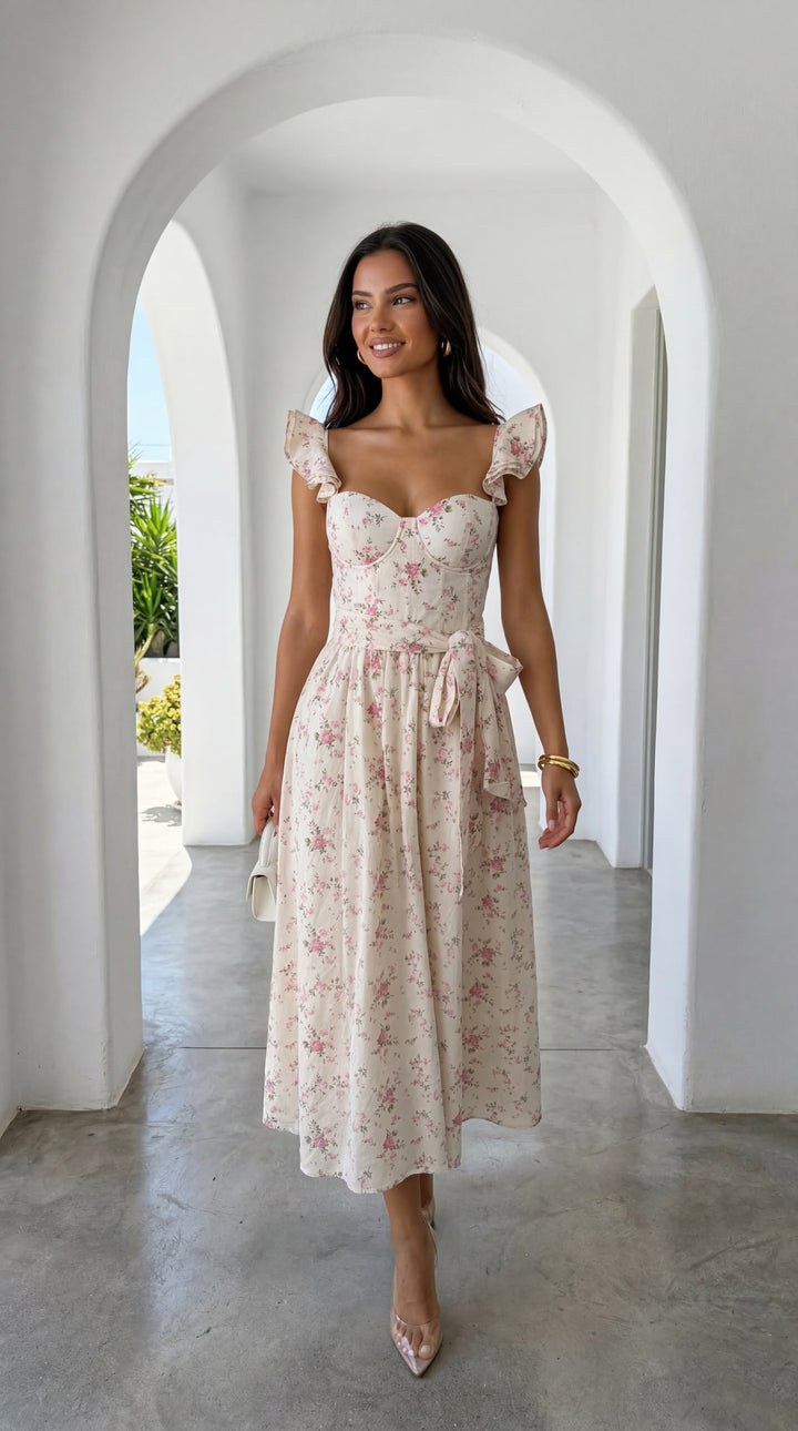 Florienne Floral Corset Flutter Midi Dress - Ivory