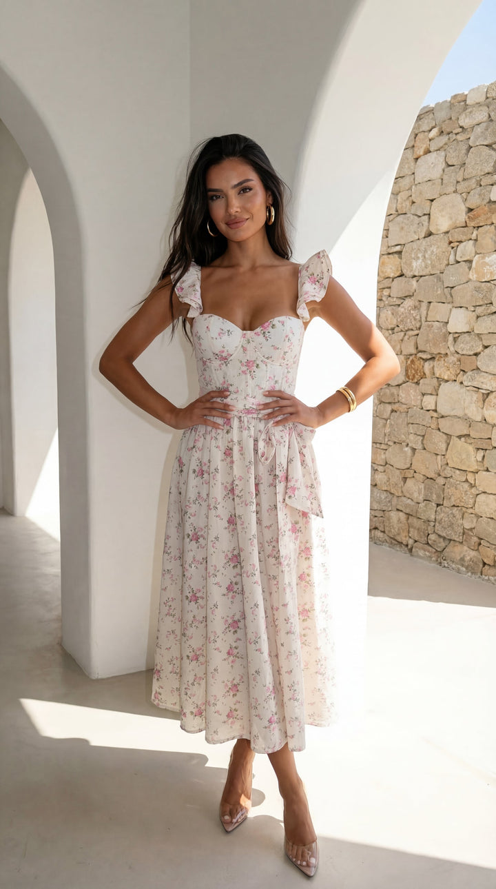 Florienne Floral Corset Flutter Midi Dress - Ivory — gallery