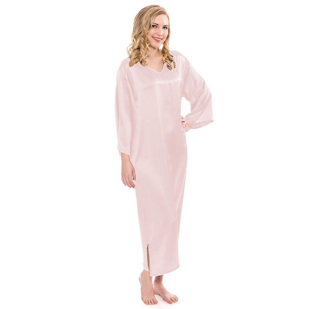 Women Loose Pullover Silk Nightwear Long Silk Dressing Gown — Pink