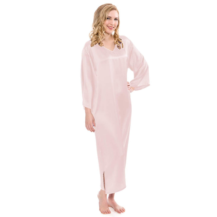 Women Loose Pullover Silk Nightwear Long Silk Dressing Gown — Pink