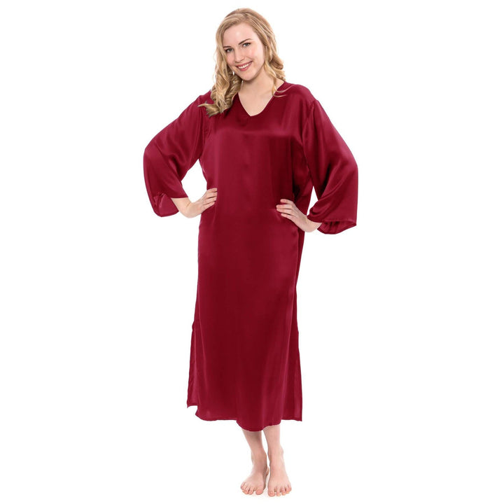 Women Loose Pullover Silk Nightwear Long Silk Dressing Gown — Claret