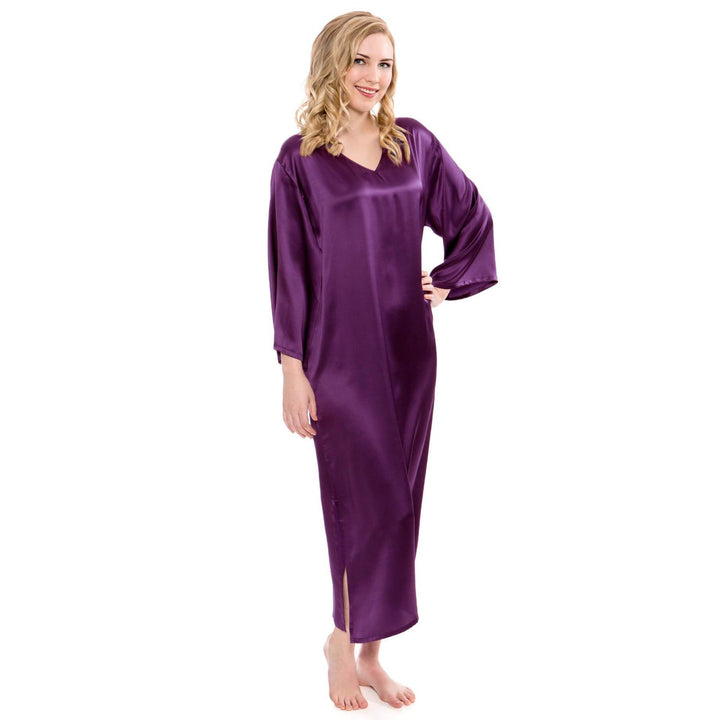 Women Loose Pullover Silk Nightwear Long Silk Dressing Gown — Deep Purple