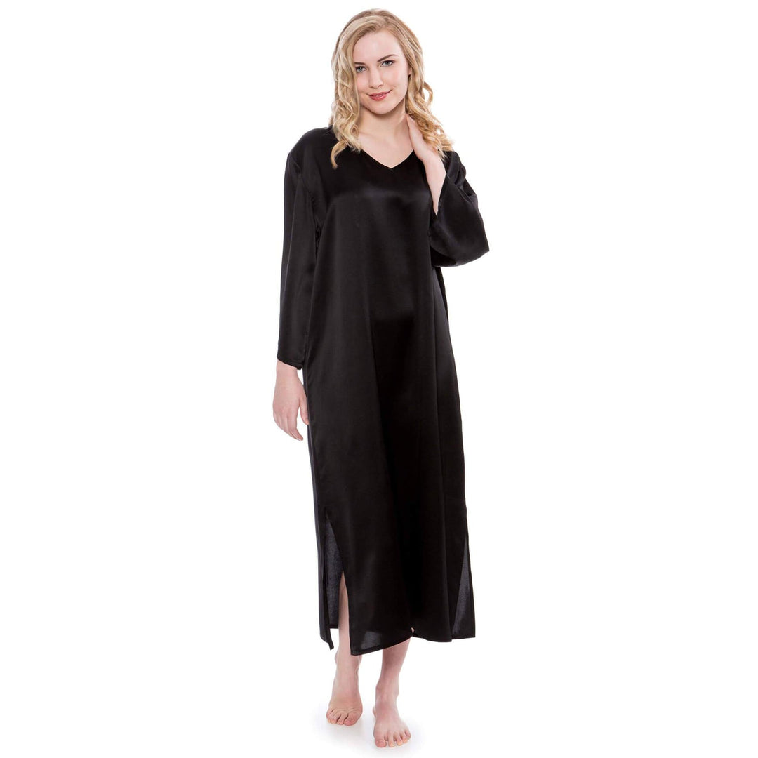 Women Loose Pullover Silk Nightwear Long Silk Dressing Gown — Black