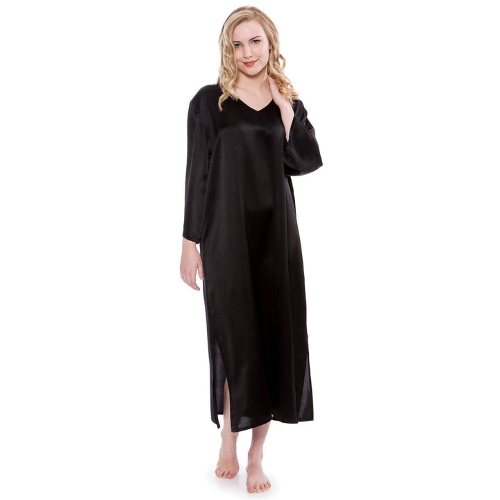 Women Loose Pullover Silk Nightwear Long Silk Dressing Gown — Black