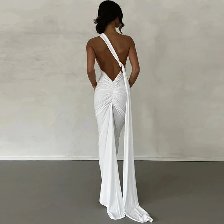 One Shoulder Backless Adjustable Scarf Loop Ruched Sexy Maxi Dress - gallery