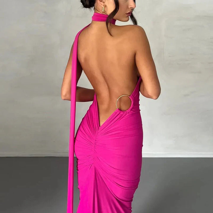 One Shoulder Backless Adjustable Scarf Loop Ruched Sexy Maxi Dress - gallery