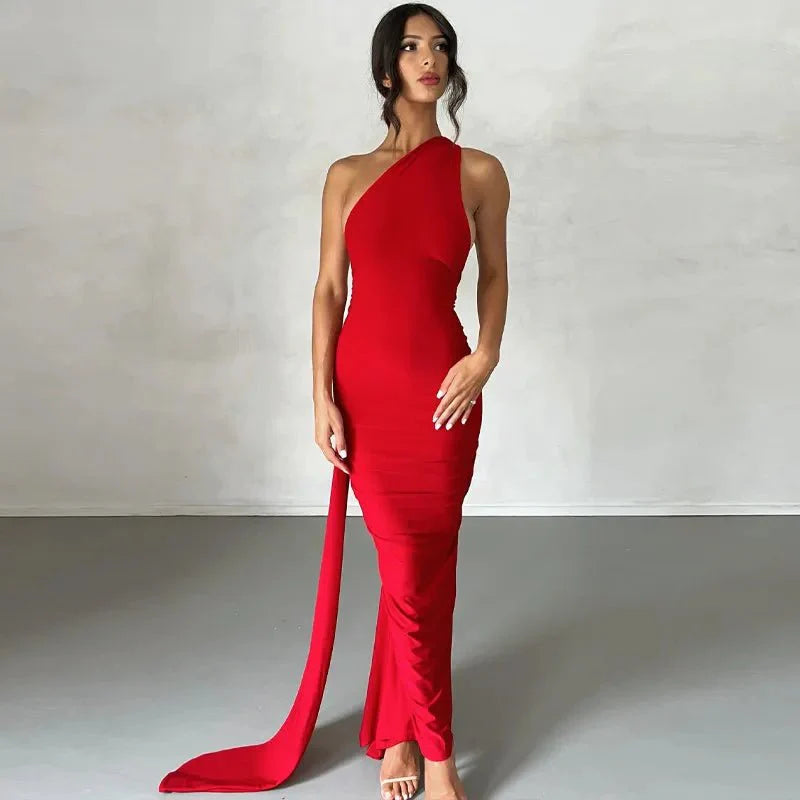 One Shoulder Backless Adjustable Scarf Loop Ruched Sexy Maxi Dress - gallery