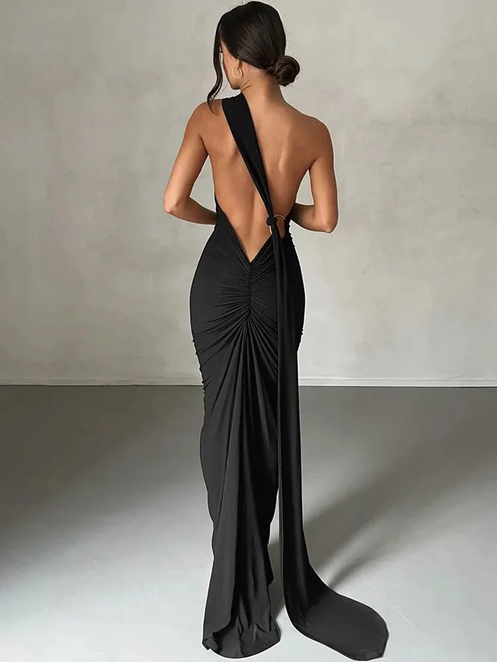 One Shoulder Backless Adjustable Scarf Loop Ruched Sexy Maxi Dress - gallery
