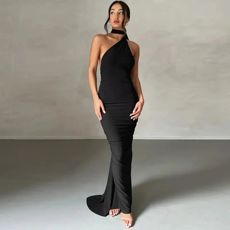 One Shoulder Backless Adjustable Scarf Loop Ruched Sexy Maxi Dress - gallery