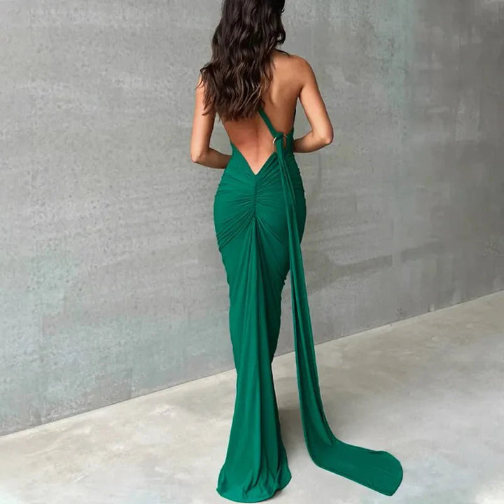 One Shoulder Backless Adjustable Scarf Loop Ruched Sexy Maxi Dress - gallery