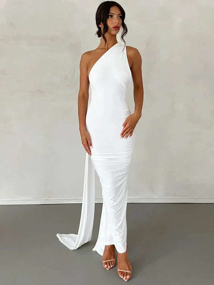 One Shoulder Backless Adjustable Scarf Loop Ruched Sexy Maxi Dress - gallery