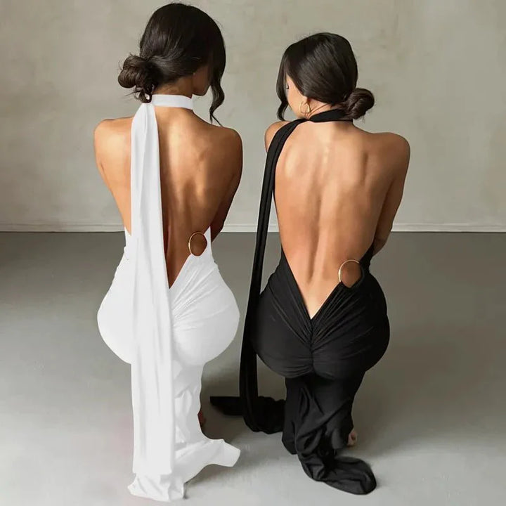 One Shoulder Backless Adjustable Scarf Loop Ruched Sexy Maxi Dress - gallery