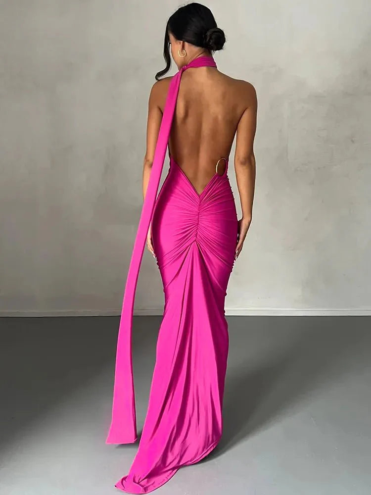 One Shoulder Backless Adjustable Scarf Loop Ruched Sexy Maxi Dress - gallery