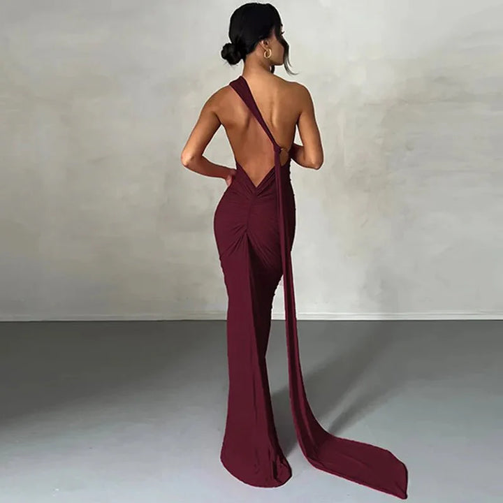 One Shoulder Backless Adjustable Scarf Loop Ruched Sexy Maxi Dress - gallery