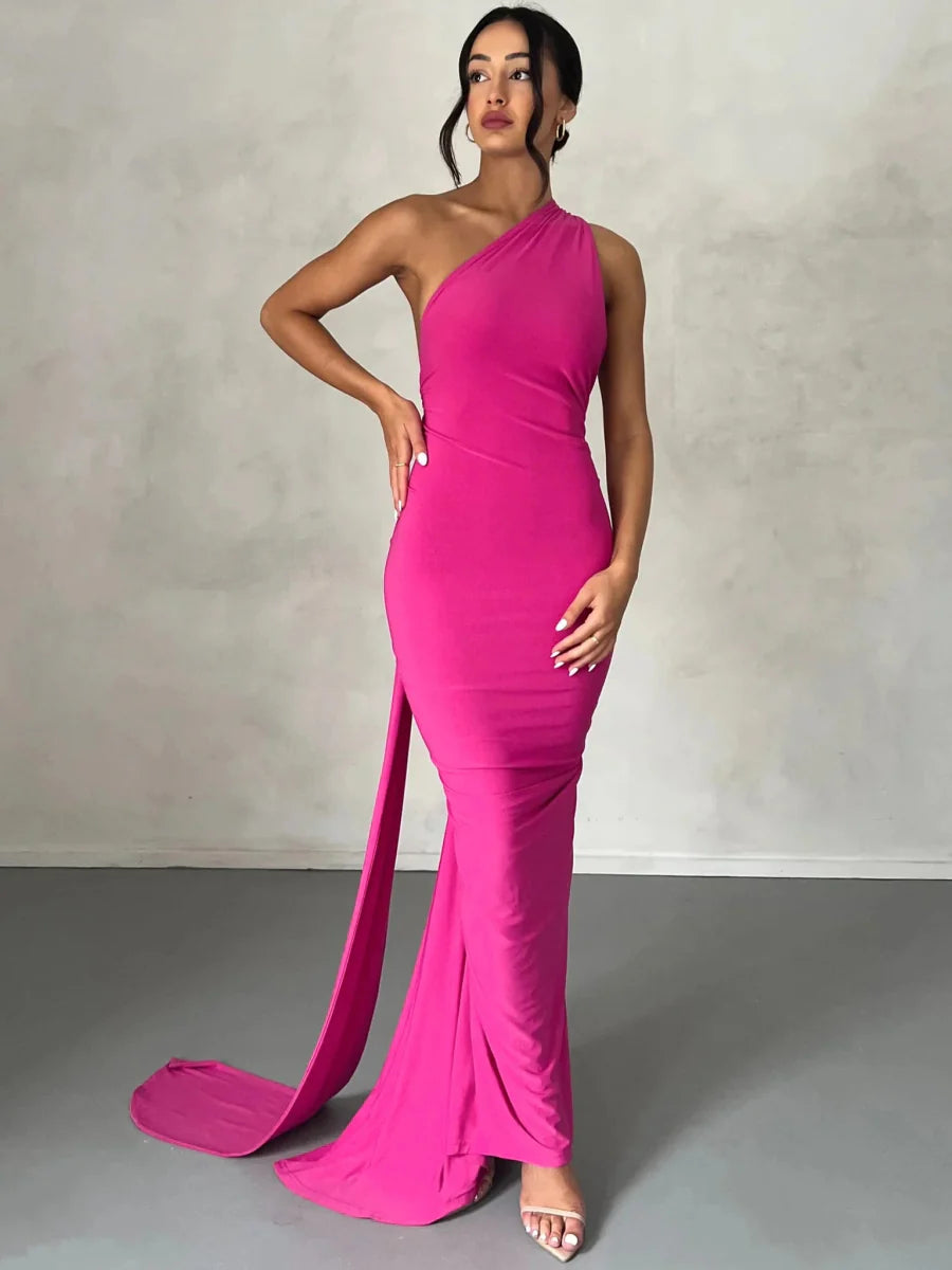 One Shoulder Backless Adjustable Scarf Loop Ruched Sexy Maxi Dress - gallery