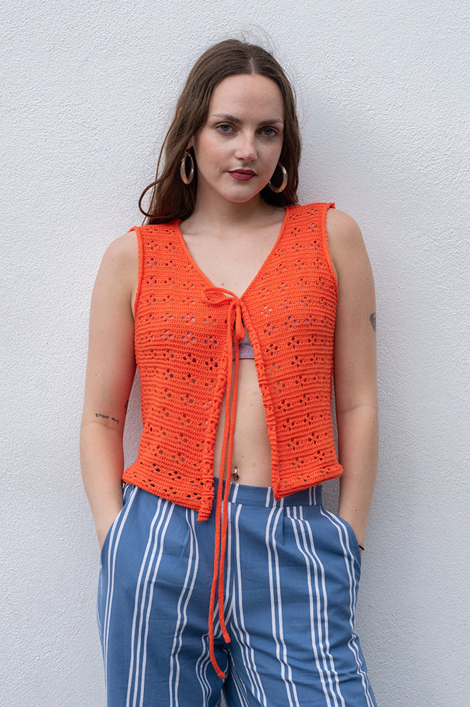 Orange Knit Bow Top for Women - gallery