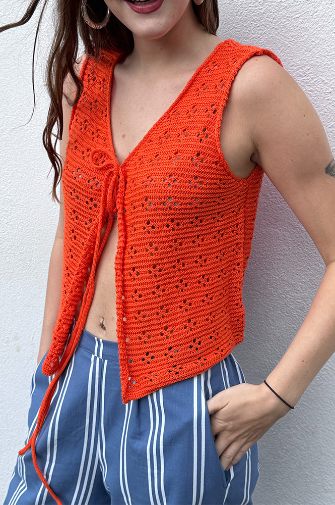 Orange Knit Bow Top for Women