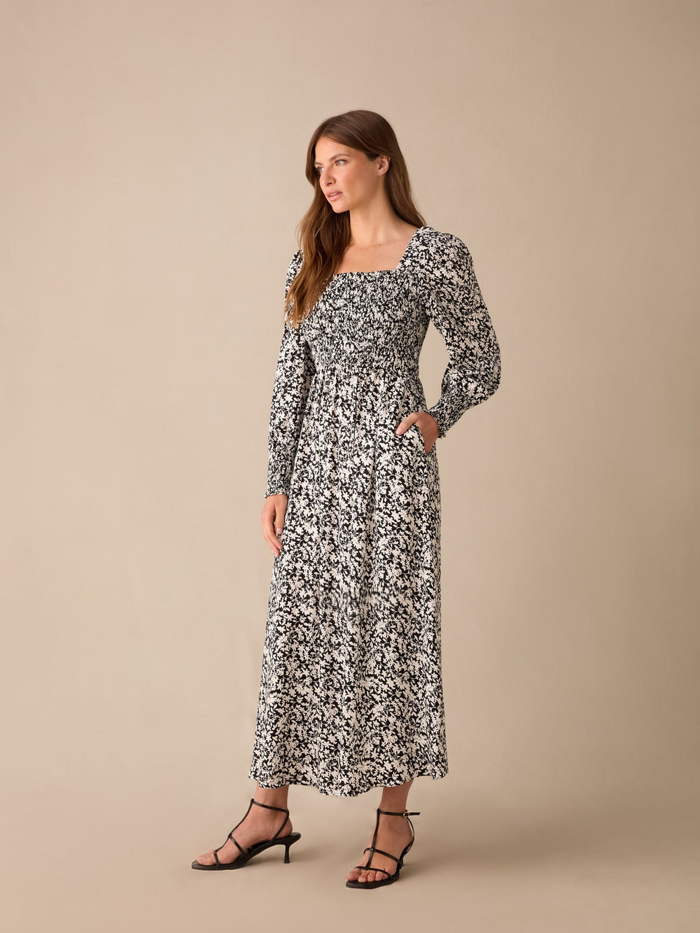 Petite Mono Floral Print Shirred Midaxi Dress — gallery