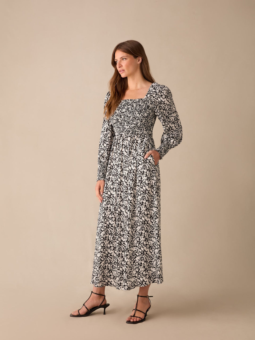 Petite Mono Floral Print Shirred Midaxi Dress — gallery