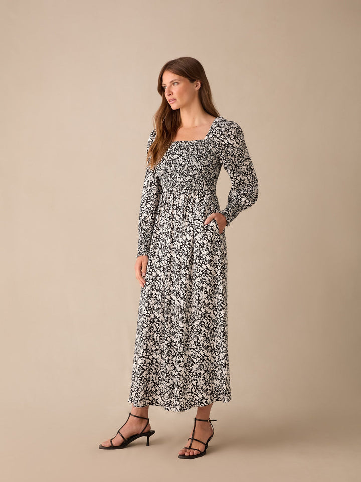 Petite Mono Floral Print Shirred Midaxi Dress — gallery