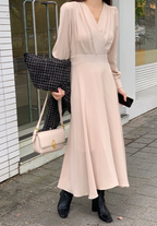 Chic A-Line Dress with V-Neck and Puff Sleeves