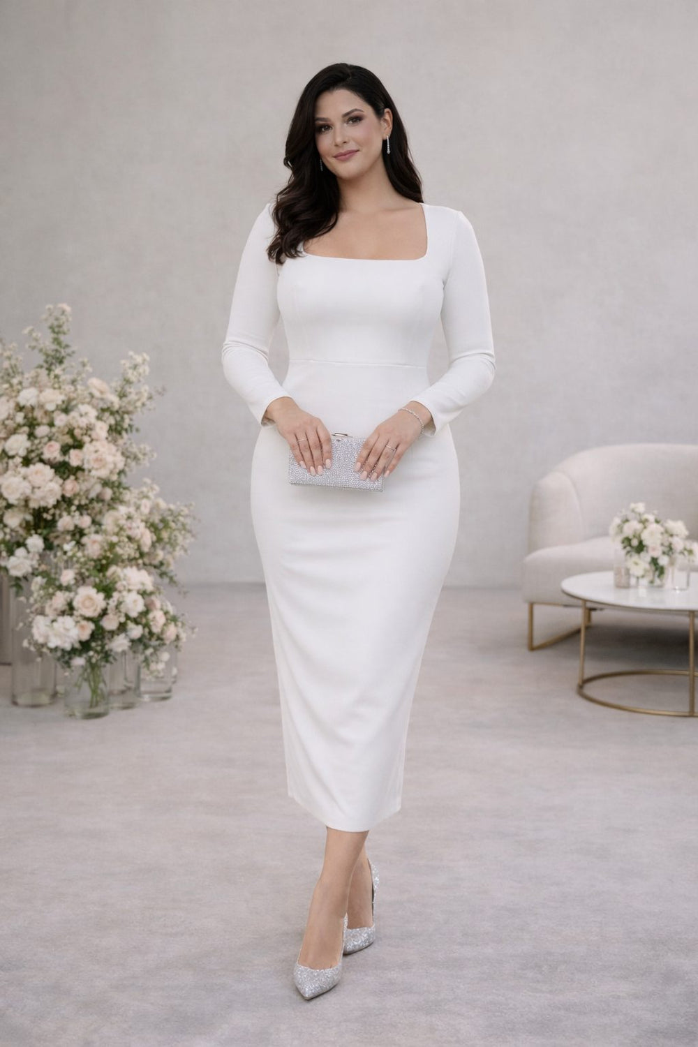 Selene Plus Size White Square Neck Fitted Midi Dress for Women - gallery