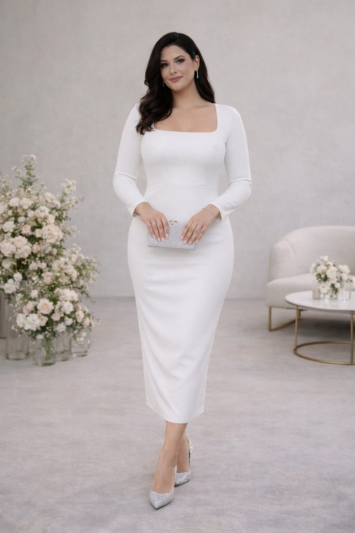 Selene Plus Size White Square Neck Fitted Midi Dress for Women - gallery