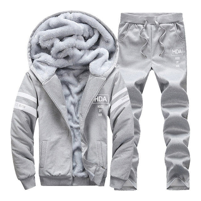 Fleece Hooded Tracksuit Set for Men - em074 grey