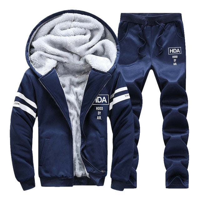 Fleece Hooded Tracksuit Set for Men - em074 blue