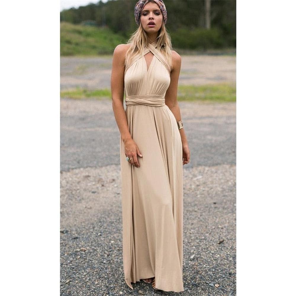 Multiway Wrap Convertible Boho Maxi Club Red Dress for Women - Khaki