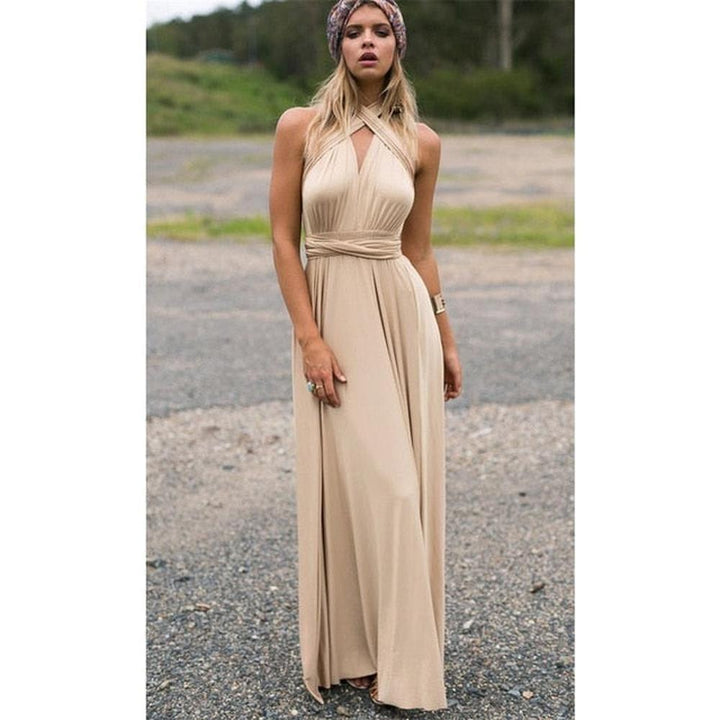 Multiway Wrap Convertible Boho Maxi Club Red Dress for Women - Khaki