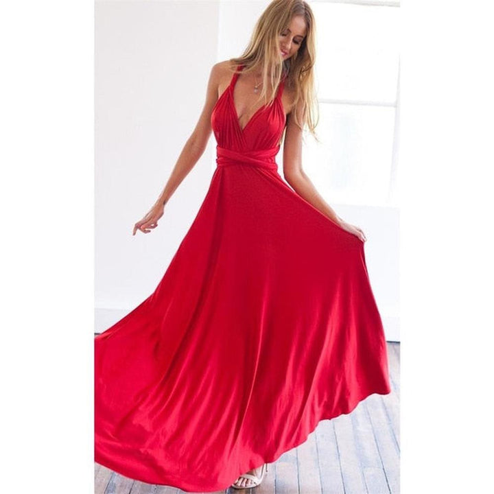 Multiway Wrap Convertible Boho Maxi Club Red Dress for Women - Red