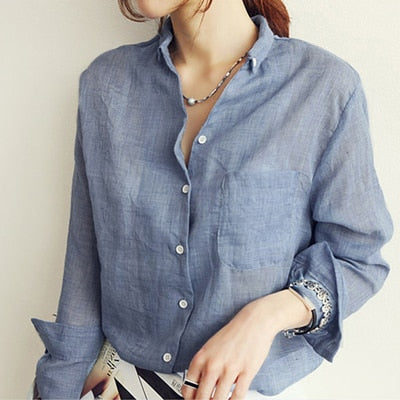 Linen Shirt Top for Women - Denim Blue Shirt