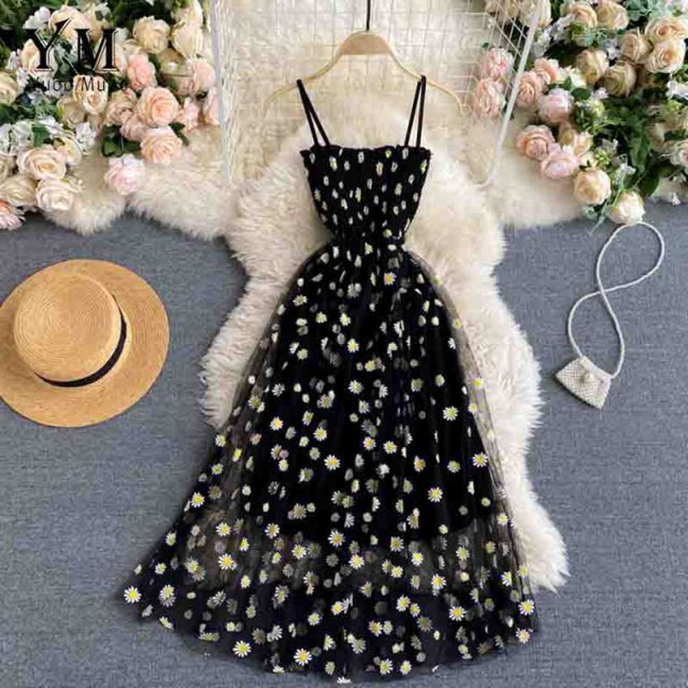 Daisy Floral Mesh Spaghetti Strap Midi Dress for Women - Black