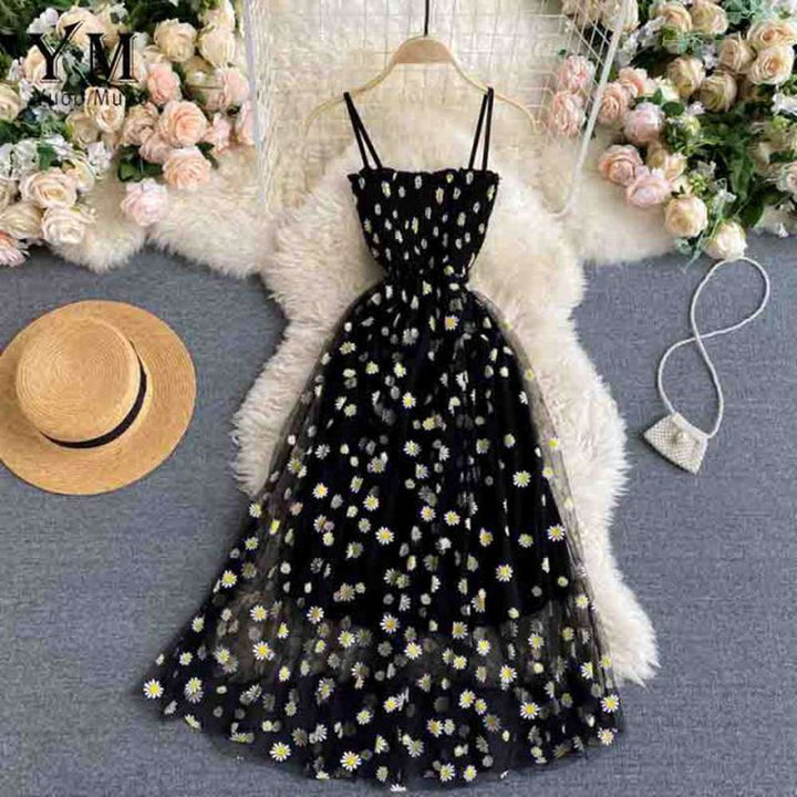 Daisy Floral Mesh Spaghetti Strap Midi Dress for Women - Black