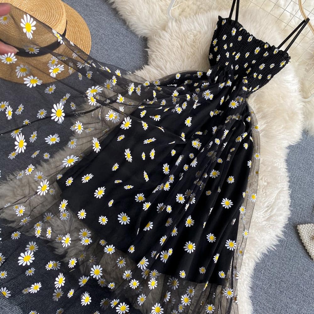 Daisy Floral Mesh Spaghetti Strap Midi Dress for Women - gallery