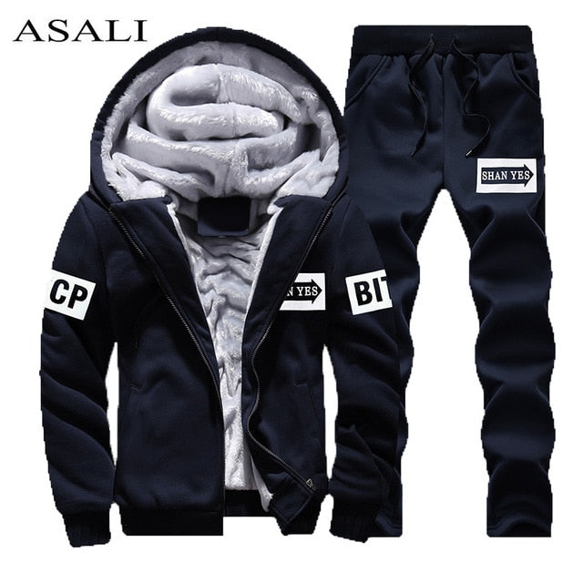 Fleece Hooded Tracksuit Set for Men - D80 blue