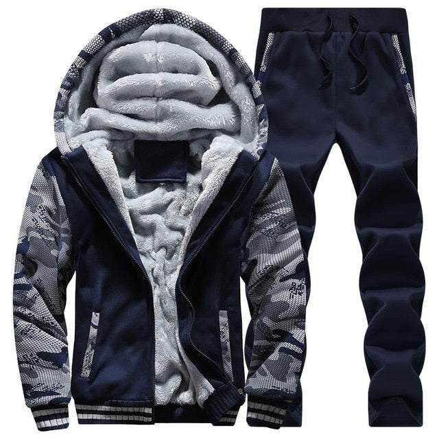 Fleece Hooded Tracksuit Set for Men - D62 blue