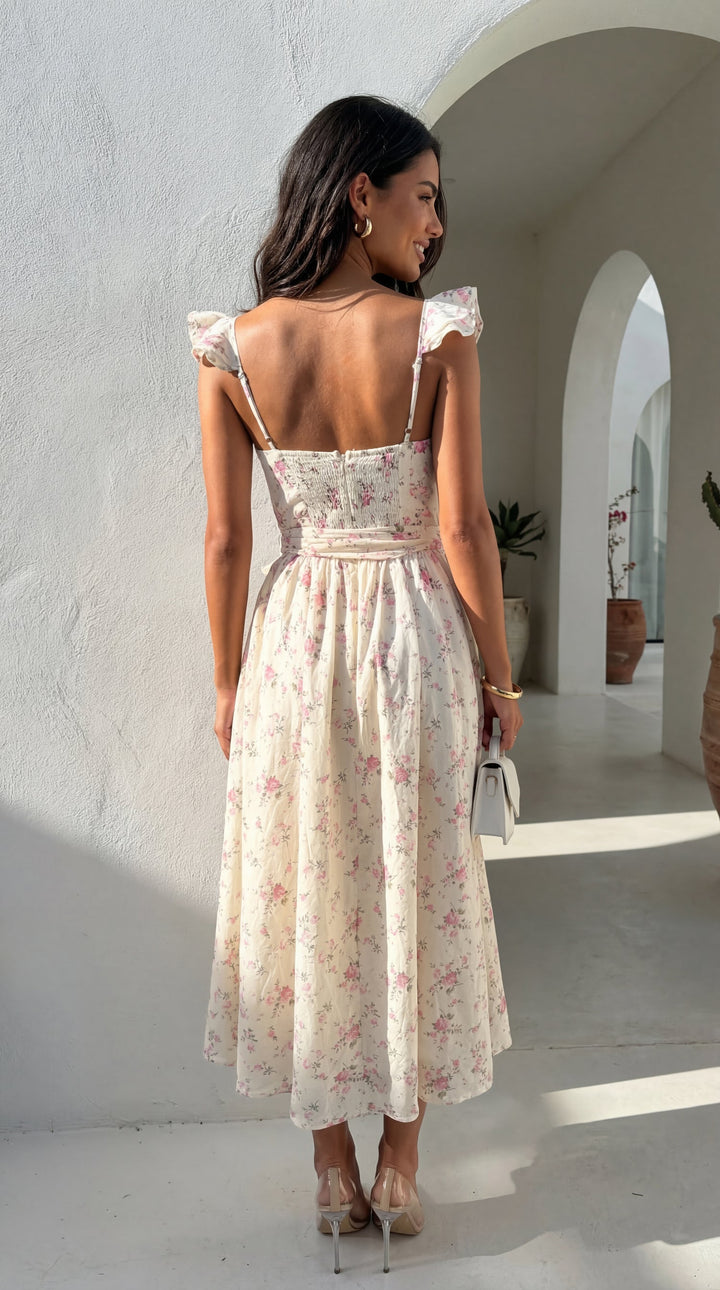 Florienne Floral Corset Flutter Midi Dress - Ivory — gallery