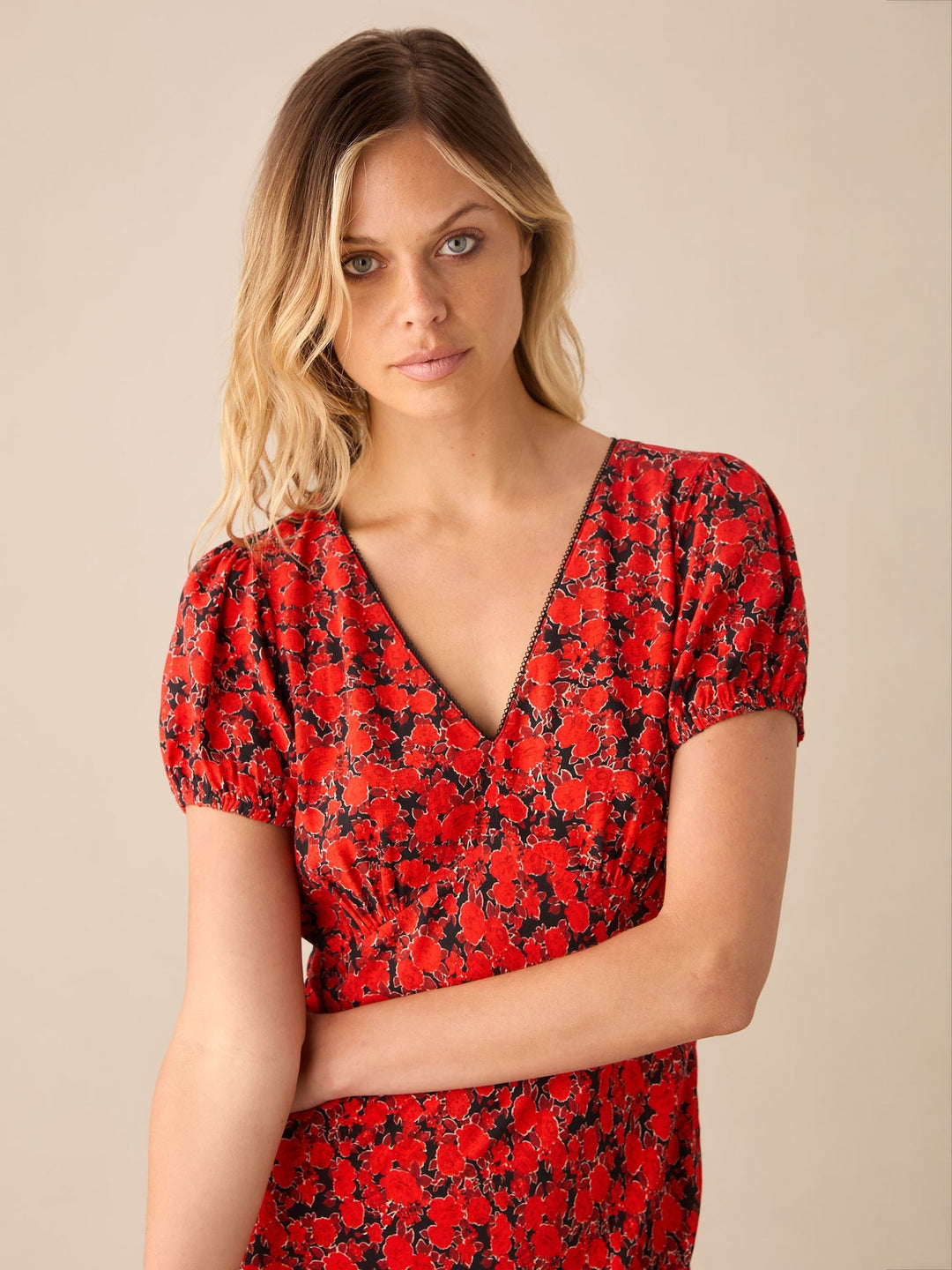 Red Blurred Floral Print Puff Sleeve Midi Dress — gallery