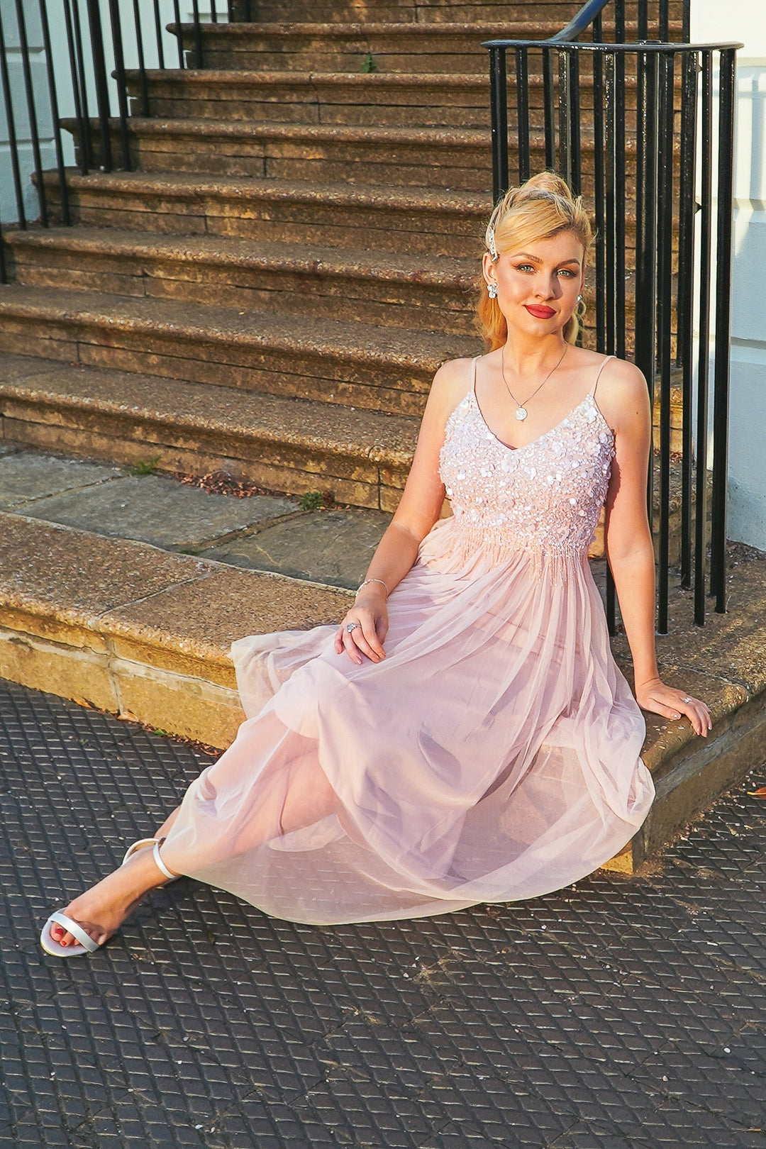 Riri Nude Pink Embellished Midi Dress